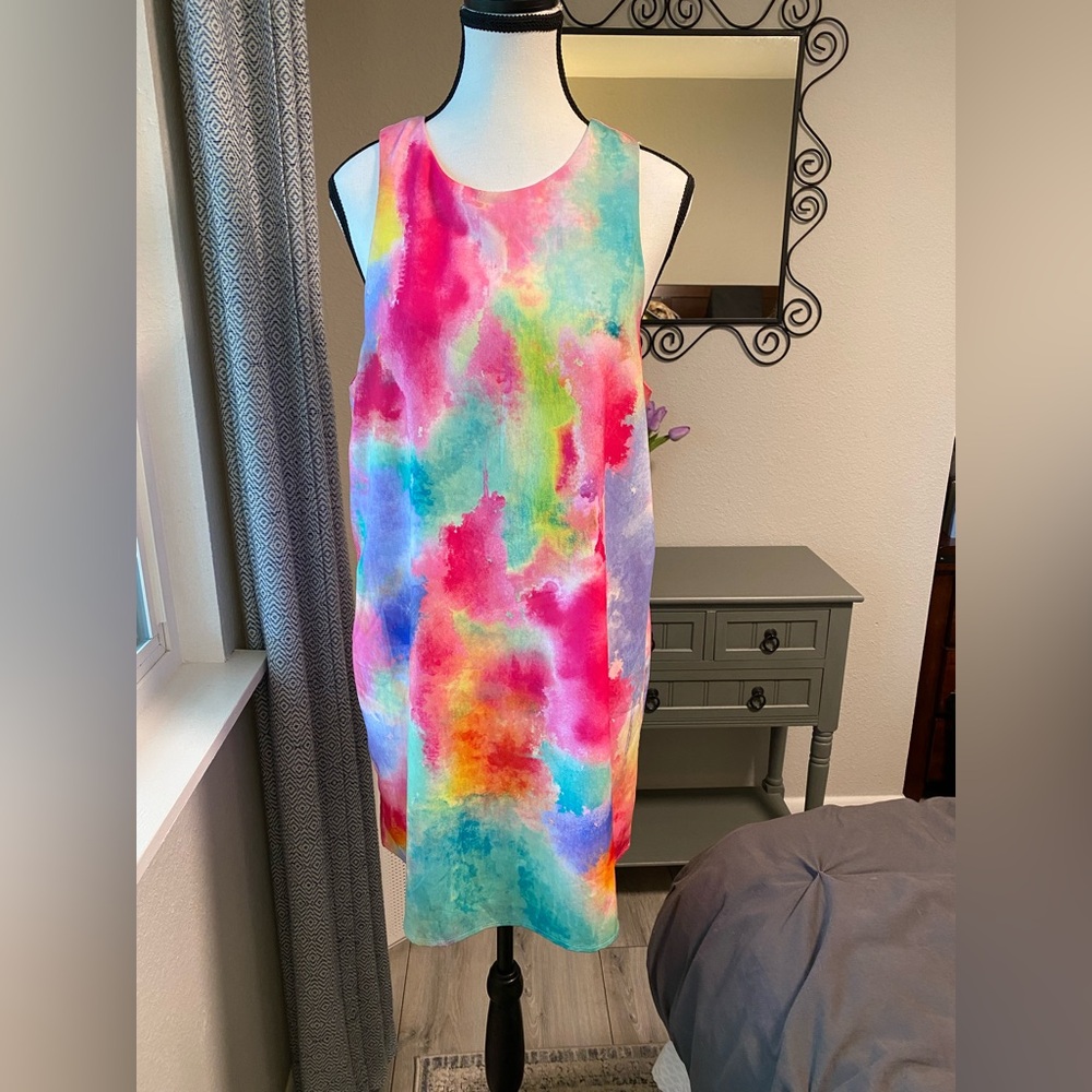 Lulus Size Large Bright, Fun Watercolor Shift Mini Dress, Double Lined